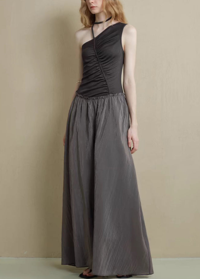 Knitting Asymmetrical Cotton Black Ruffled Patchwork Fine Long