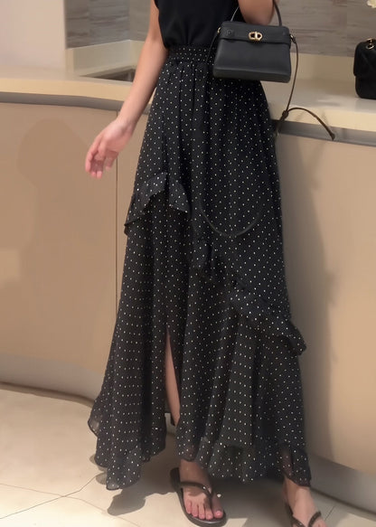 Side Black Fine Dot Chiffon Open Ruffled Summer Patchwork Skirt