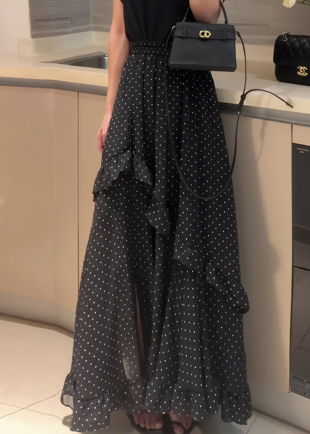 Side Black Fine Dot Chiffon Open Ruffled Summer Patchwork Skirt