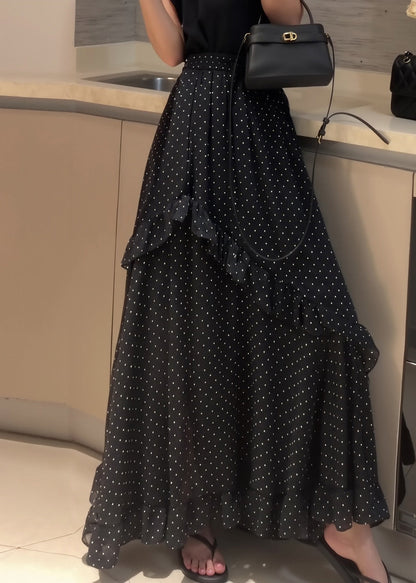 Side Black Fine Dot Chiffon Open Ruffled Summer Patchwork Skirt