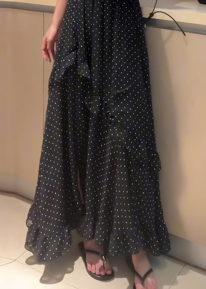 Side Black Fine Dot Chiffon Open Ruffled Summer Patchwork Skirt