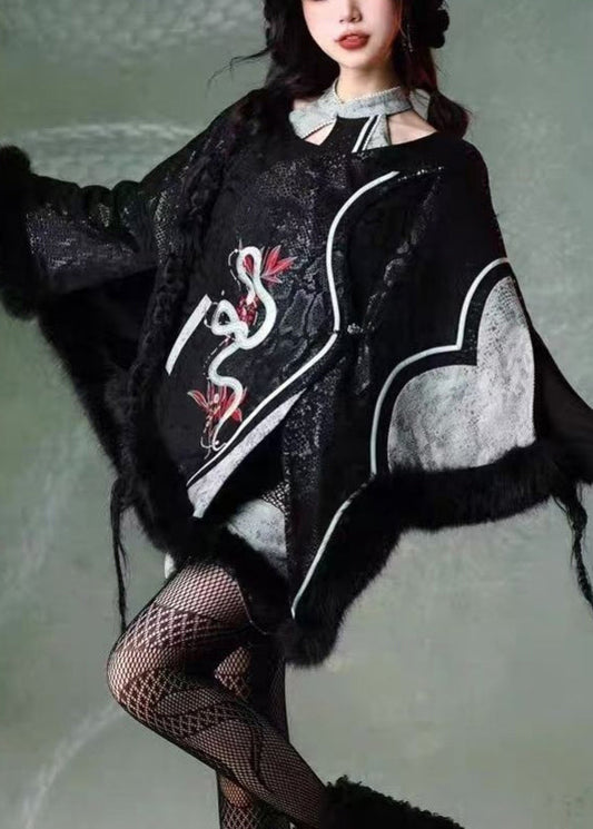 Fine Black Embroidered Patchwork Faux Suede Cape Coats Spring YT035