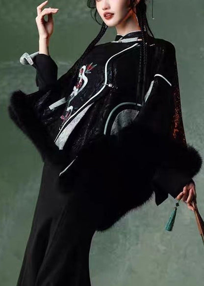 Fine Black Embroidered Patchwork Faux Suede Cape Coats Spring YT035