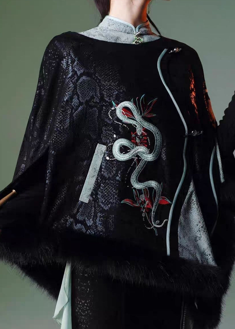 Fine Black Embroidered Patchwork Faux Suede Cape Coats Spring YT035