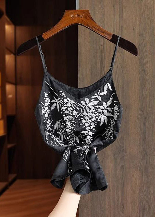 Strap Summer Spaghetti Vests Fine Silk Embroidered Black