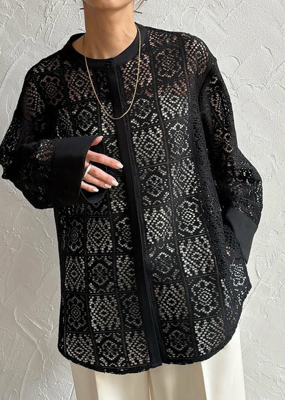 Open Black Lace Hollow Out Fine Side Summer Tops