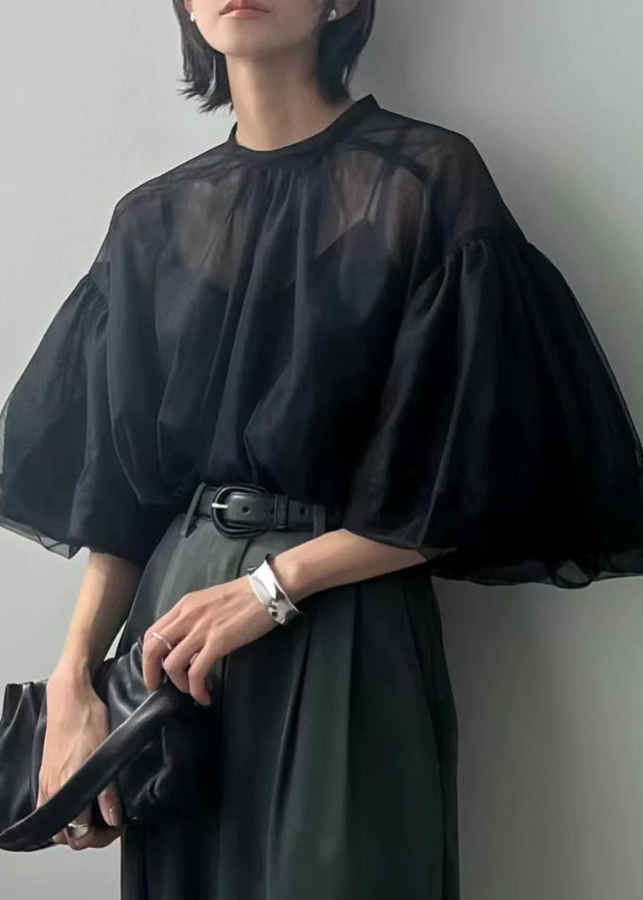 Fine Puff Sheer Tops Tulle Summer Black Sleeve
