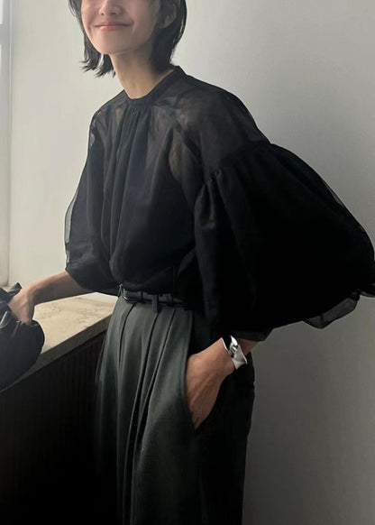 Fine Puff Sheer Tops Tulle Summer Black Sleeve