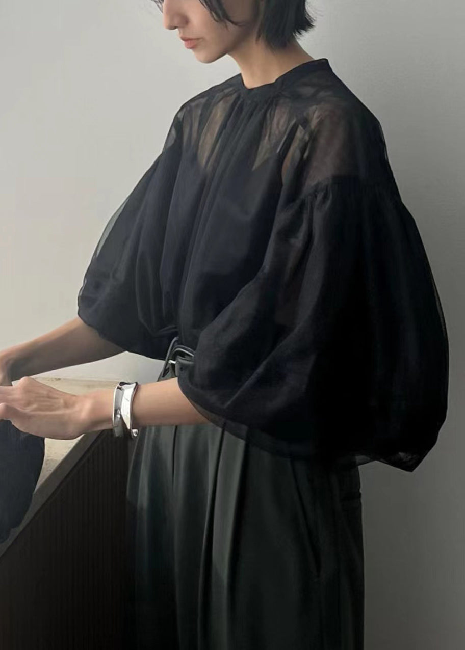Fine Puff Sheer Tops Tulle Summer Black Sleeve