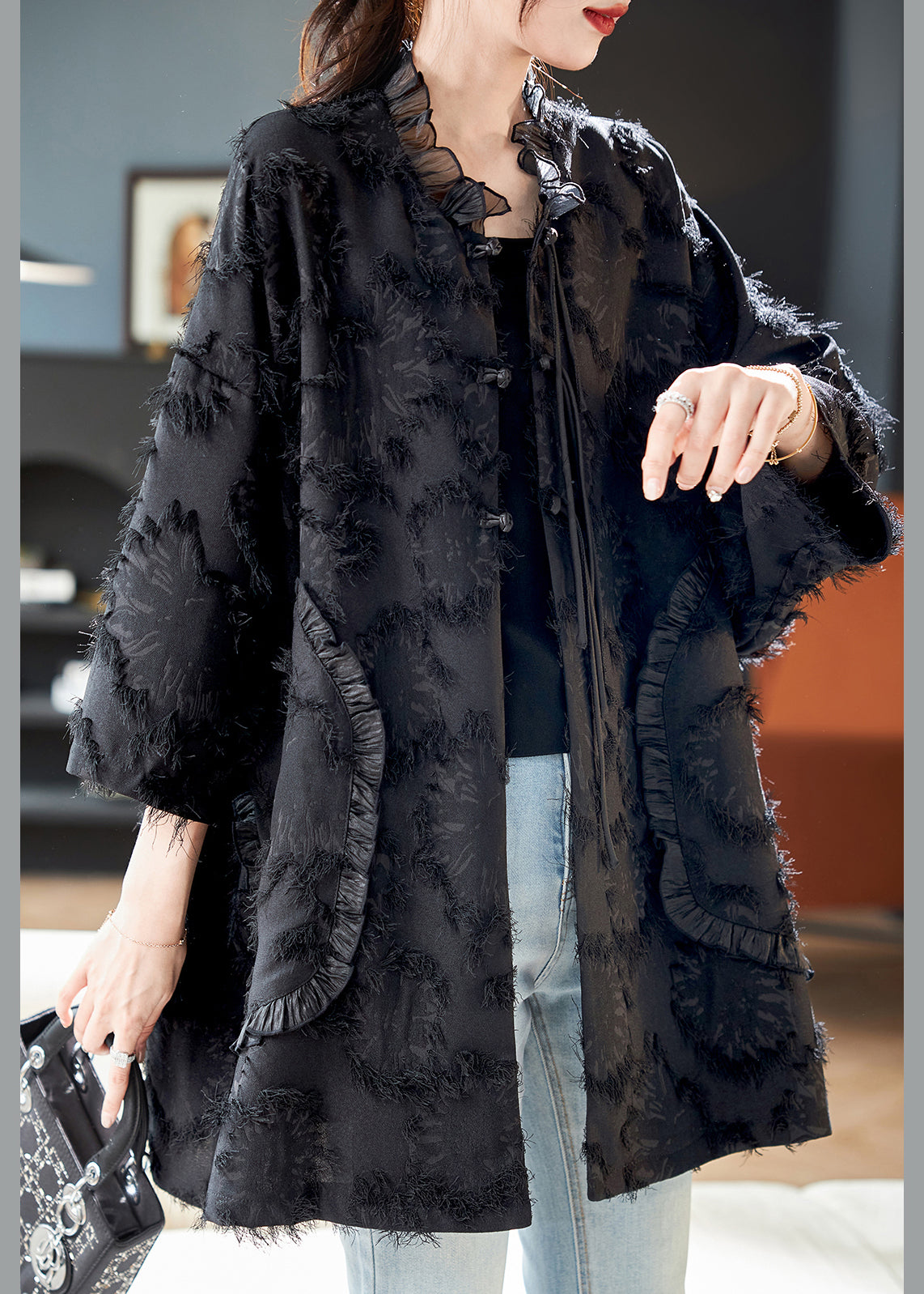 Spring Fine Patchwork Ruffled Black Button Coat