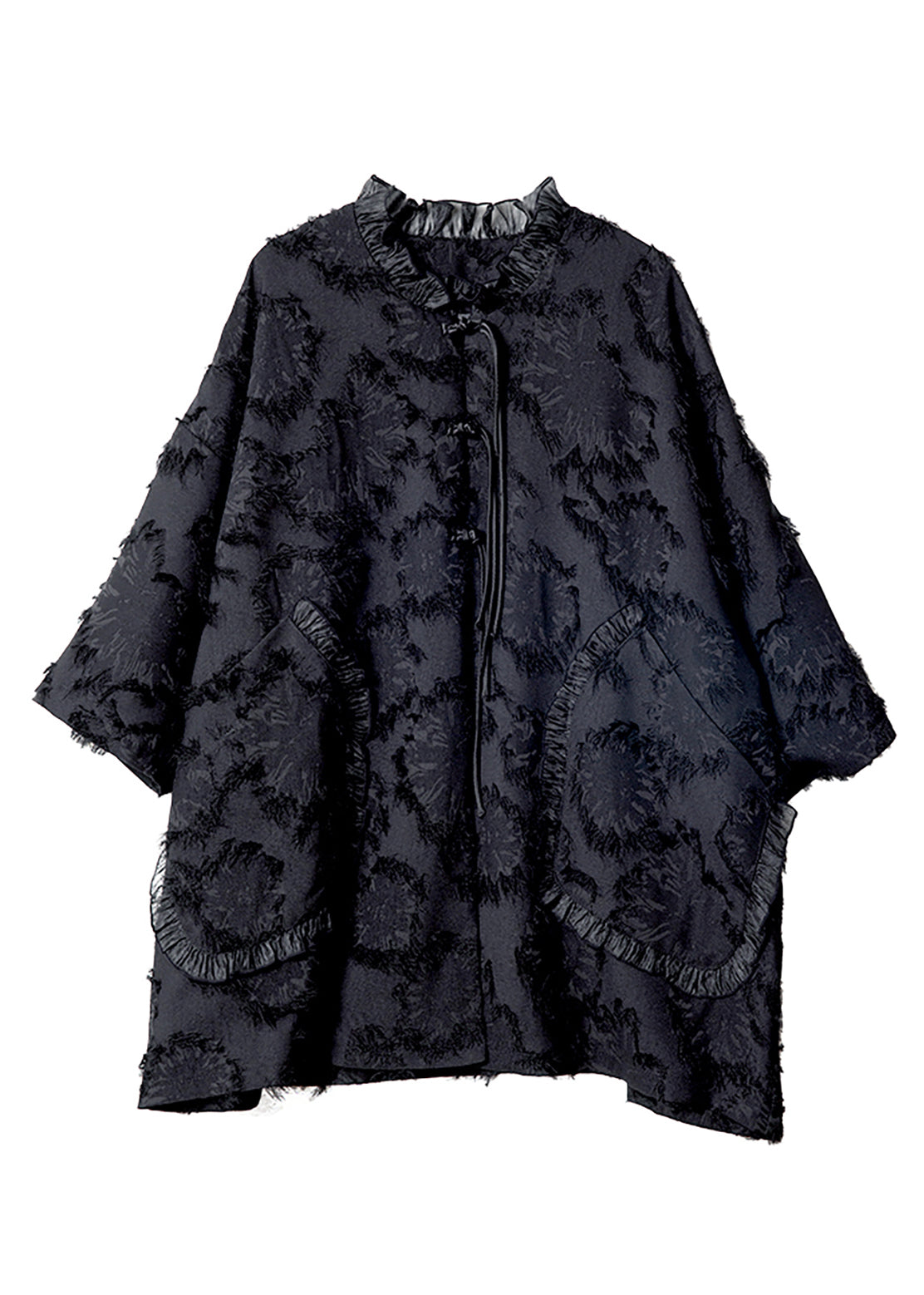 Spring Fine Patchwork Ruffled Black Button Coat