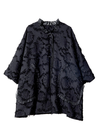 Spring Fine Patchwork Ruffled Black Button Coat