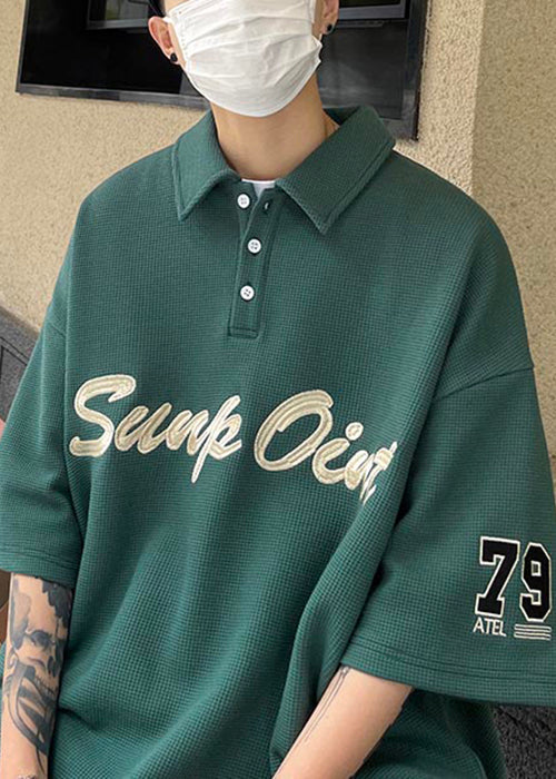 Blackish Fine Shirts Summer Letter Green Cotton Button Men Polo