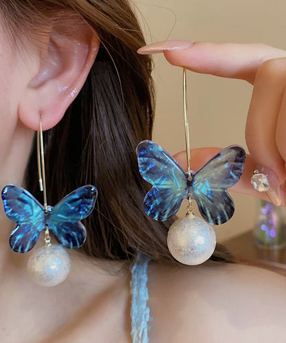 Fine Blue Acrylic Pearl Butterfly Drop Earrings PO076