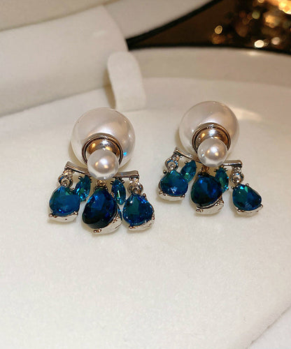 Fine Blue Copper Alloy Zircon Pearl Water Drop Drop Earrings ET036