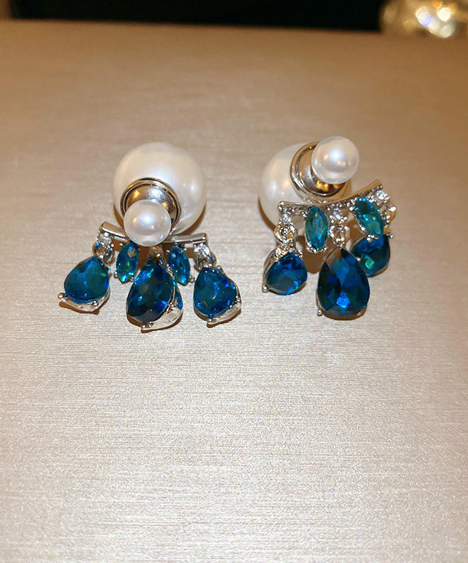 Fine Blue Copper Alloy Zircon Pearl Water Drop Drop Earrings ET036