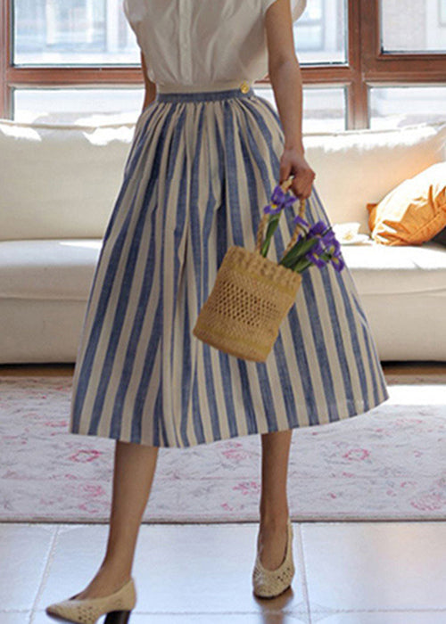 Skirt High Fine Blue Summer Striped Cotton Waist Wrinkled