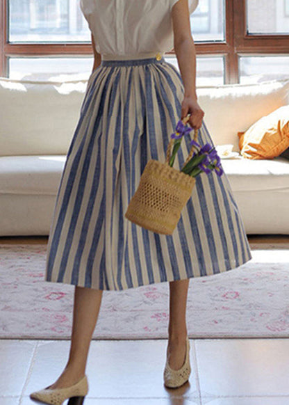 Skirt High Fine Blue Summer Striped Cotton Waist Wrinkled