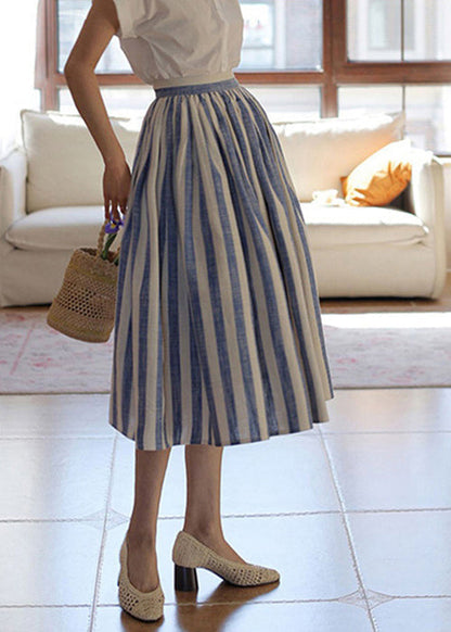 Skirt High Fine Blue Summer Striped Cotton Waist Wrinkled