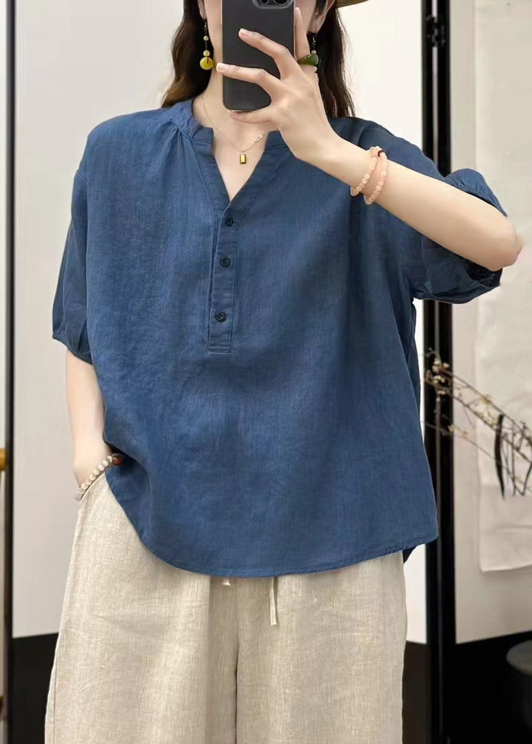 Summer V Linen Button Neck Blue Top Fine Solid