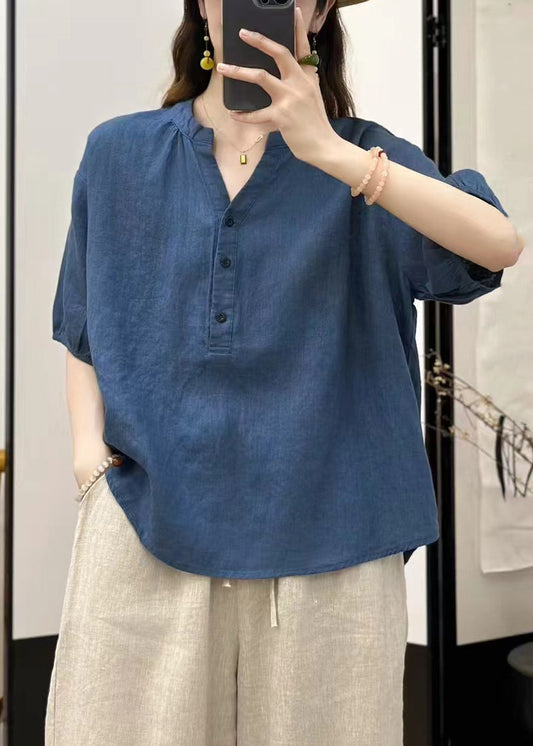 Summer V Linen Button Neck Blue Top Fine Solid