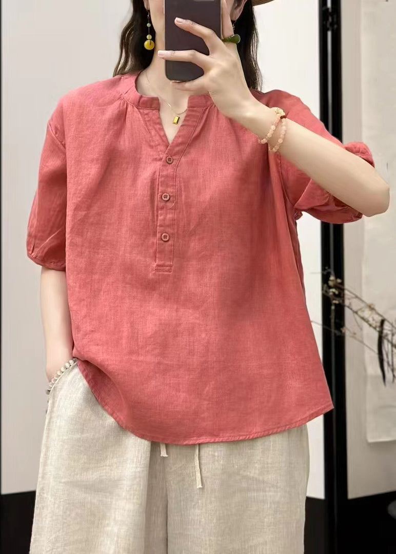 Summer V Linen Button Neck Blue Top Fine Solid