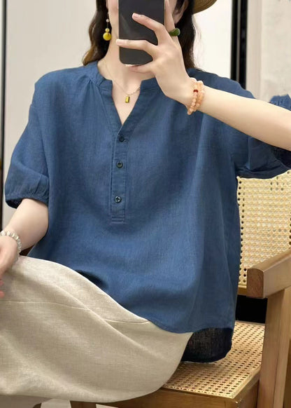 Summer V Linen Button Neck Blue Top Fine Solid