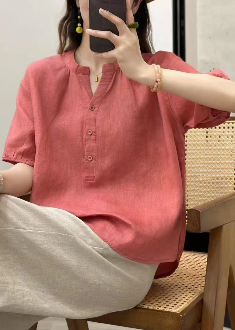 Summer V Linen Button Neck Blue Top Fine Solid