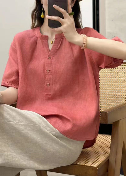 Summer V Linen Button Neck Blue Top Fine Solid