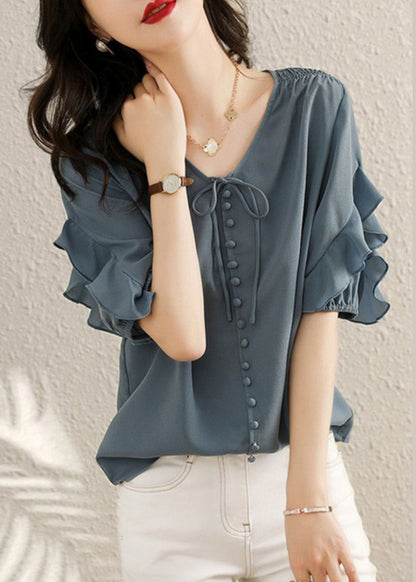 Ruffled Shirts V Chiffon Fine Summer Neck Blue Patchwork