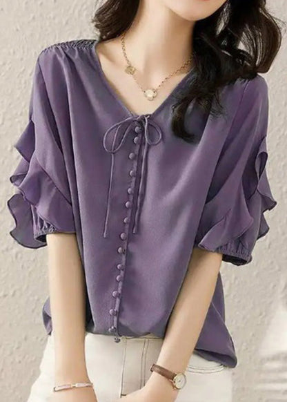 Ruffled Shirts V Chiffon Fine Summer Neck Blue Patchwork