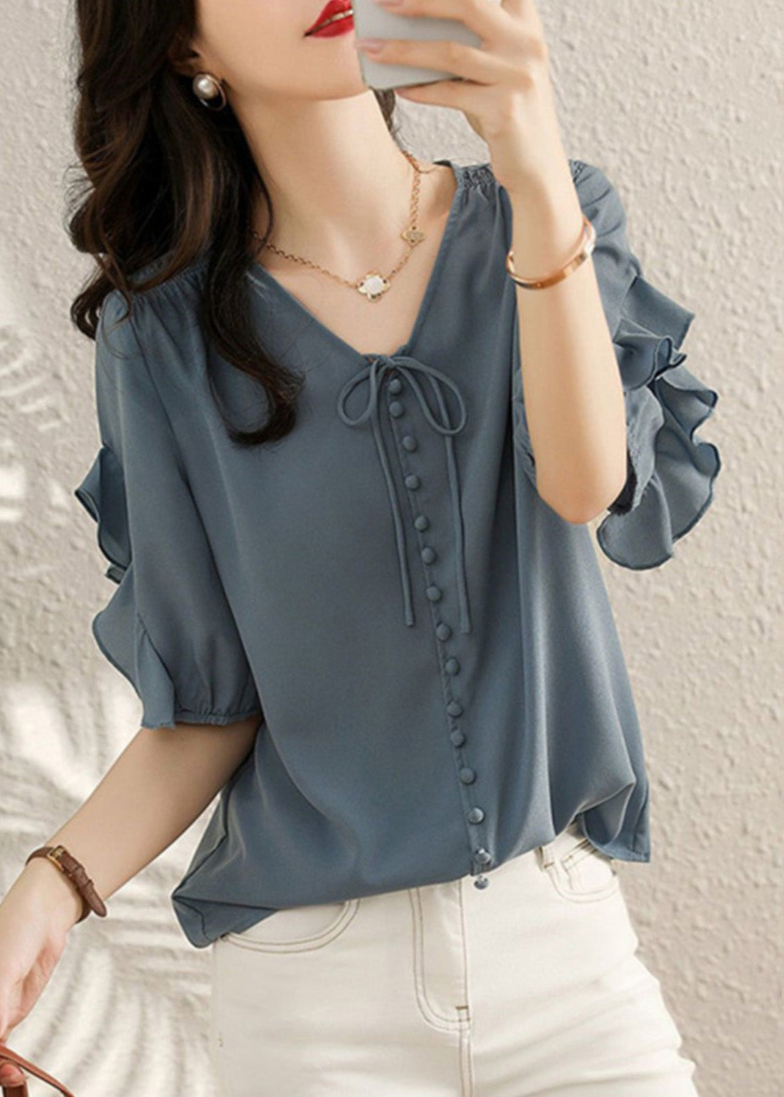 Ruffled Shirts V Chiffon Fine Summer Neck Blue Patchwork
