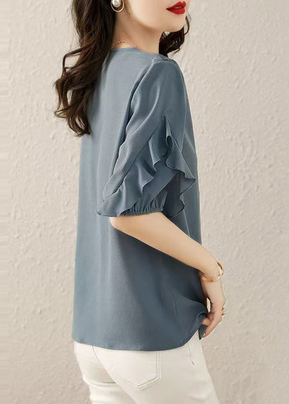 Ruffled Shirts V Chiffon Fine Summer Neck Blue Patchwork