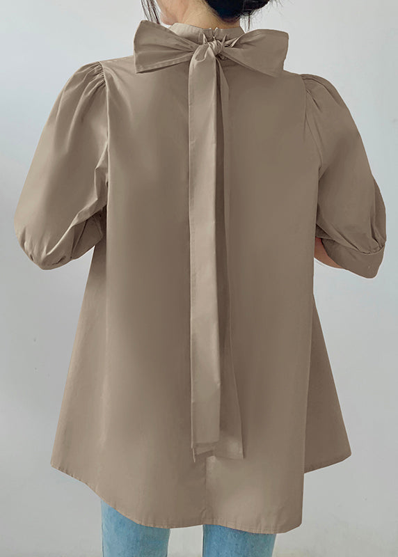Fine Stand Bow Coffee Chiffon Half Shirts Collar Sleeve