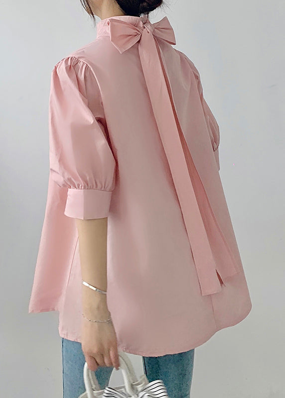 Fine Stand Bow Coffee Chiffon Half Shirts Collar Sleeve