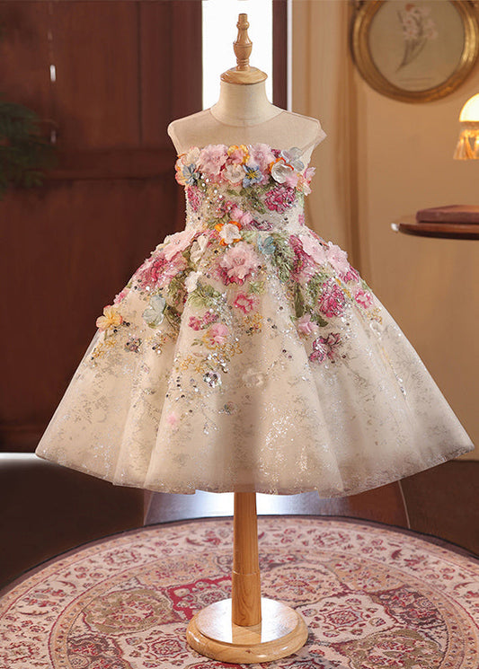 Fine Floral Sequins Patchwork Tulle Kids Maxi Dresses Summer YG021