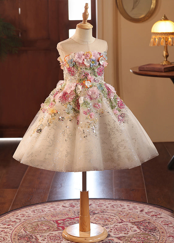 Fine Floral Sequins Patchwork Tulle Kids Maxi Dresses Summer YG021