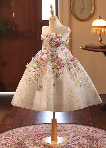 Fine Floral Sequins Patchwork Tulle Kids Maxi Dresses Summer YG021