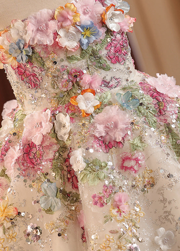 Fine Floral Sequins Patchwork Tulle Kids Maxi Dresses Summer YG021