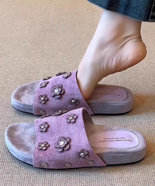 Fine Purple Peep Sandals Toe Slide Suede Splicing Floral