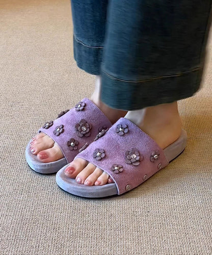 Fine Purple Peep Sandals Toe Slide Suede Splicing Floral