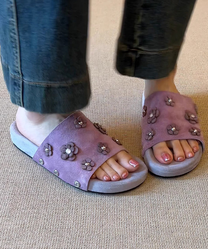 Fine Purple Peep Sandals Toe Slide Suede Splicing Floral