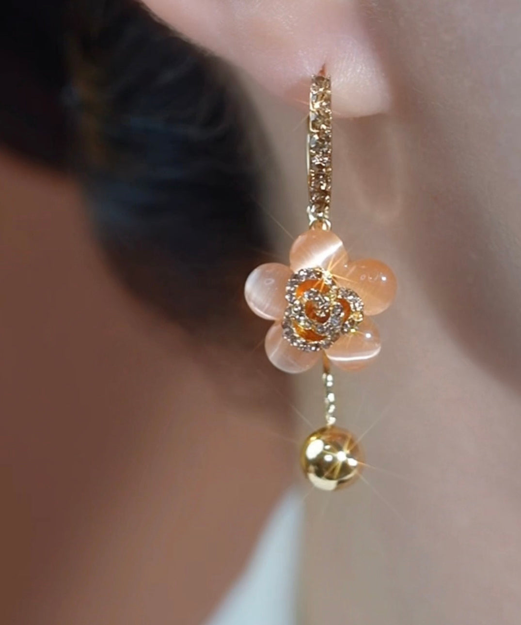 Fine Gold Alloy Zircon Cat Eye Stone Floral Drop Earrings TX026