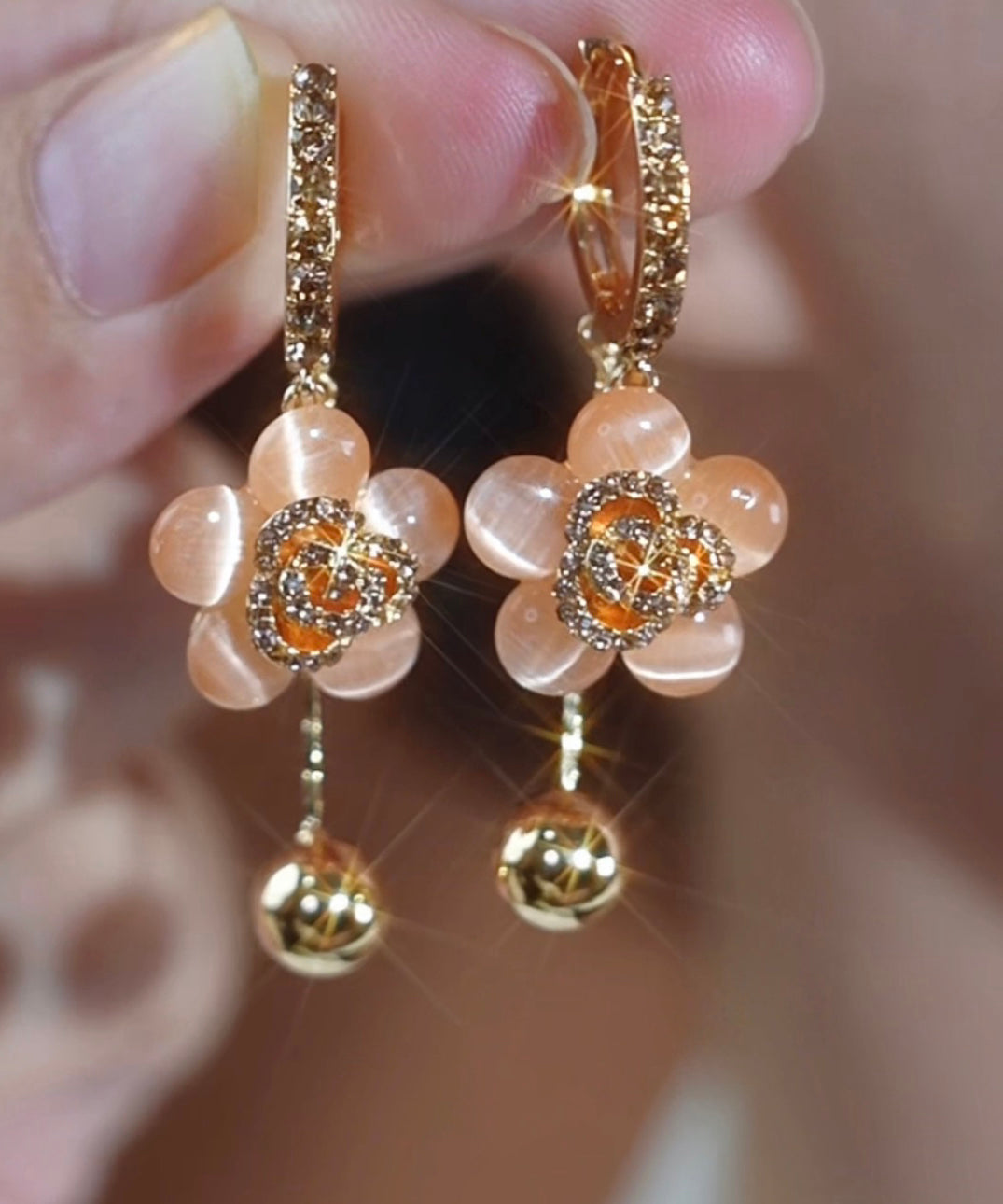 Fine Gold Alloy Zircon Cat Eye Stone Floral Drop Earrings TX026