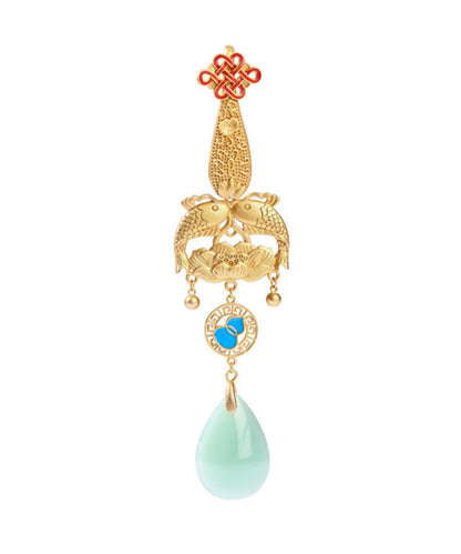 Fine Gold Ancient Gold Jade Every Year There Is Fish Tassel Brooches KX1083
