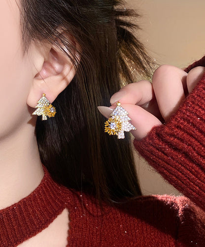 Fine Gold Copper Alloy Zircon Snowflake Christmas Tree Stud Earrings RB018