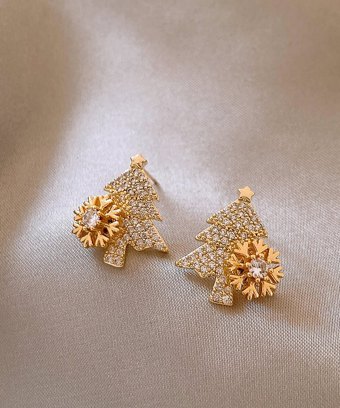 Fine Gold Copper Alloy Zircon Snowflake Christmas Tree Stud Earrings RB018