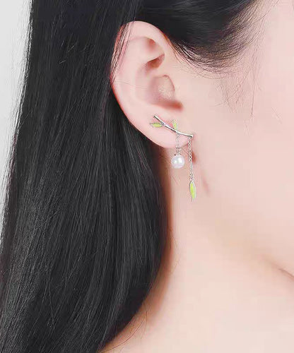 Silver Green Inlaid Bamboo Water Leaf Drop Fine Sterling Pearl