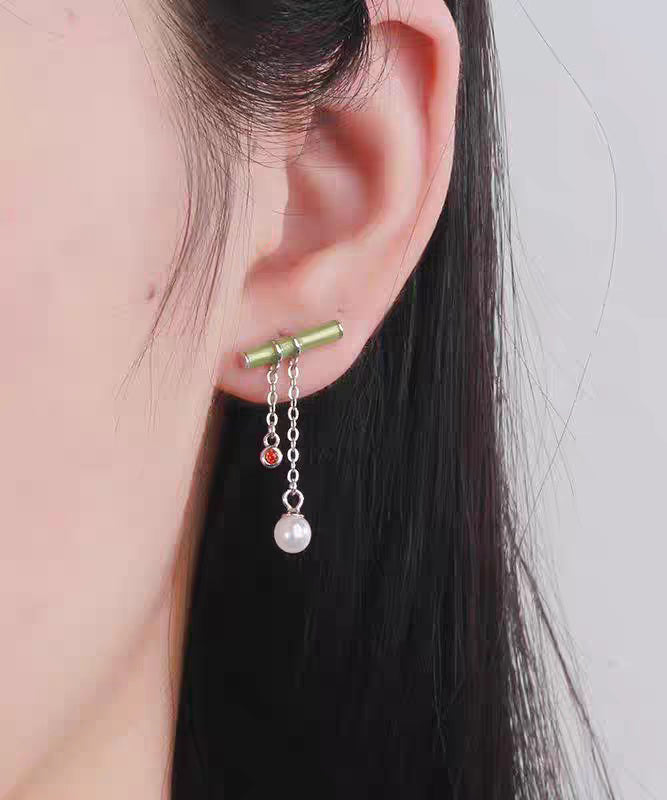 Silver Green Inlaid Bamboo Water Leaf Drop Fine Sterling Pearl