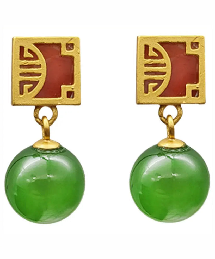 Fine Green Sterling Silver Overgild Jade Drop Earrings Ada Fashion